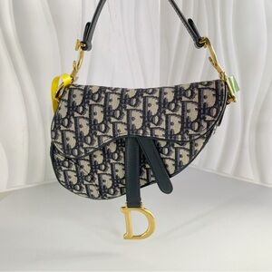 Christian Dior Saddle Handbag with Strap Oblique Canvas Medium Blue